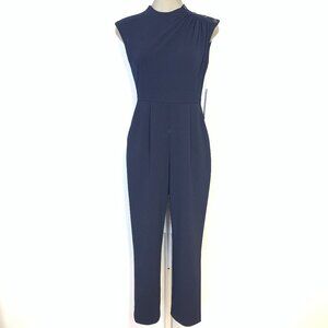 Calvin Klein Elegant Cropped Jumpsuit Indigo Navy Crepe Mock Neck Button Romper
